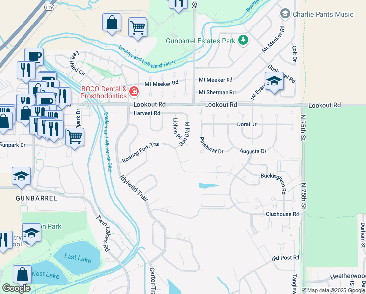 map of restaurants, bars, coffee shops, grocery stores, and more near 5240 Sun Dial Place in Boulder