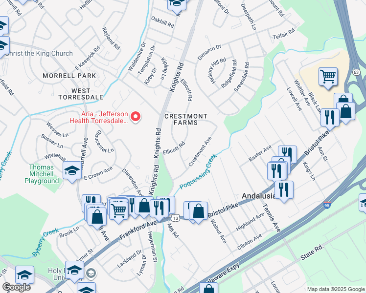 map of restaurants, bars, coffee shops, grocery stores, and more near 10731 Meadow Lane in Philadelphia