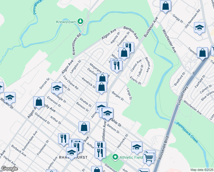 map of restaurants, bars, coffee shops, grocery stores, and more near 8400 Bustleton Avenue in Philadelphia