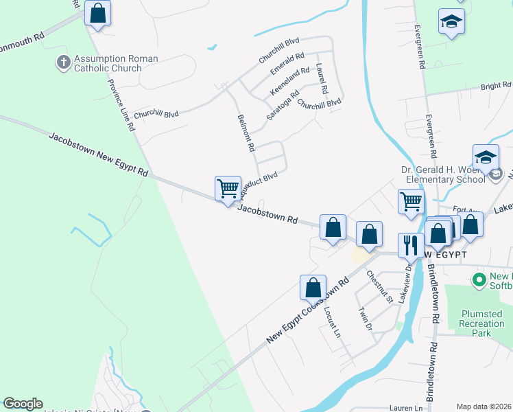 map of restaurants, bars, coffee shops, grocery stores, and more near 74 Jacobstown Road in Plumsted
