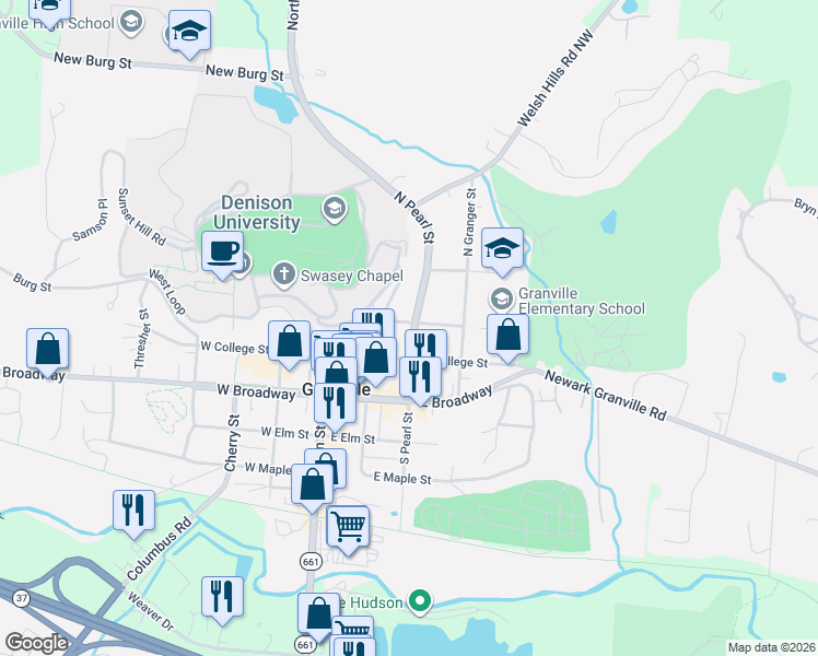 map of restaurants, bars, coffee shops, grocery stores, and more near 235 North Pearl Street in Granville