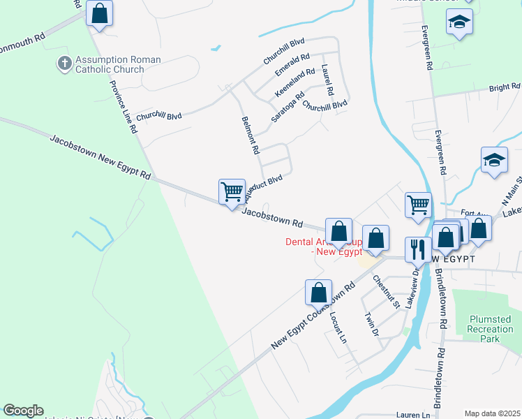 map of restaurants, bars, coffee shops, grocery stores, and more near 71 Jacobstown Road in Plumsted Township
