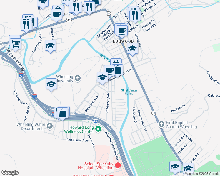 map of restaurants, bars, coffee shops, grocery stores, and more near 200 Betty Street in Wheeling