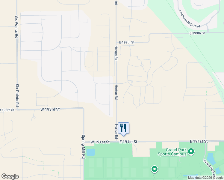 map of restaurants, bars, coffee shops, grocery stores, and more near 19409 Horton Road in Westfield
