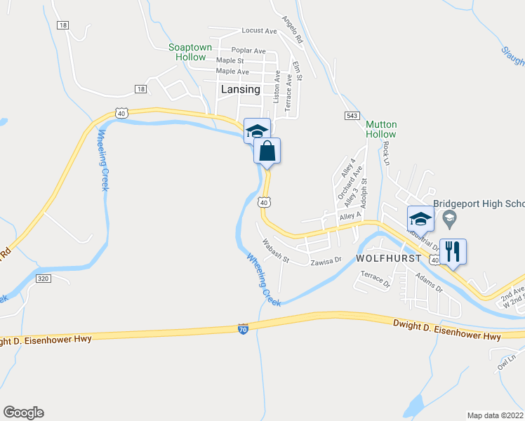 map of restaurants, bars, coffee shops, grocery stores, and more near 55433 National Road in Bridgeport