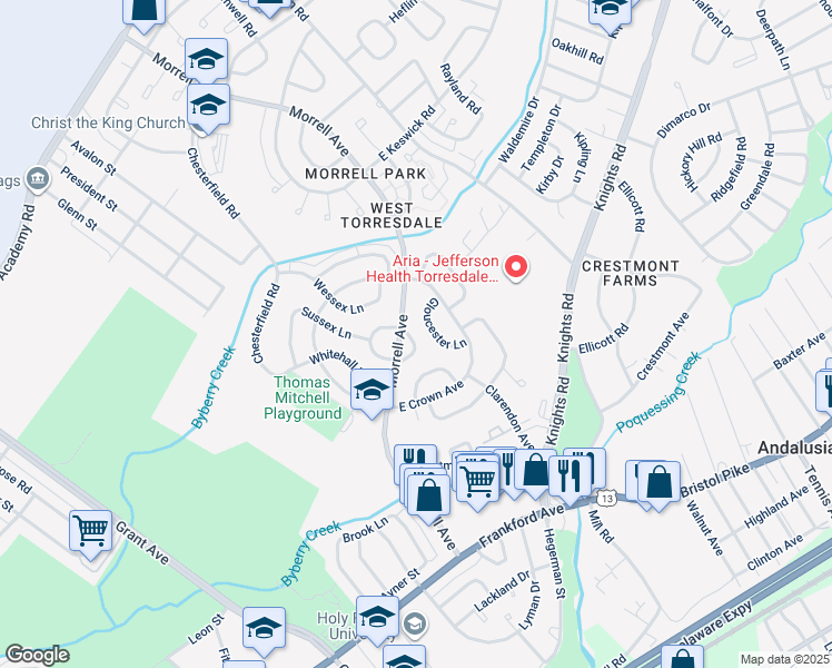 map of restaurants, bars, coffee shops, grocery stores, and more near 3611 Morrell Circle in Philadelphia