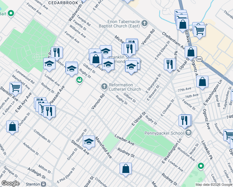map of restaurants, bars, coffee shops, grocery stores, and more near 7953 Woolston Avenue in Philadelphia