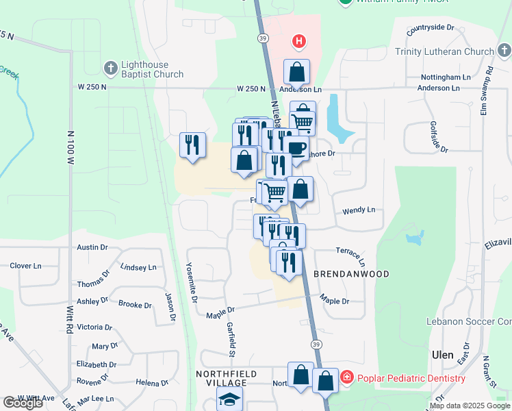 map of restaurants, bars, coffee shops, grocery stores, and more near 2375 Shaker Lane in Lebanon