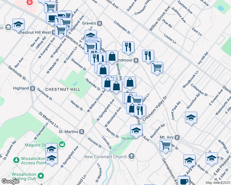 map of restaurants, bars, coffee shops, grocery stores, and more near 13 Springfield Avenue in Philadelphia