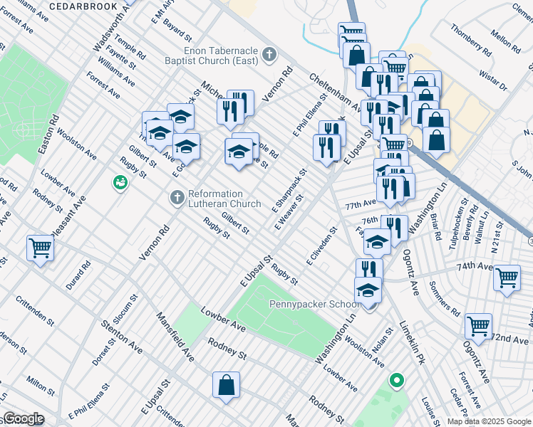 map of restaurants, bars, coffee shops, grocery stores, and more near 7804 Forrest Avenue in Philadelphia