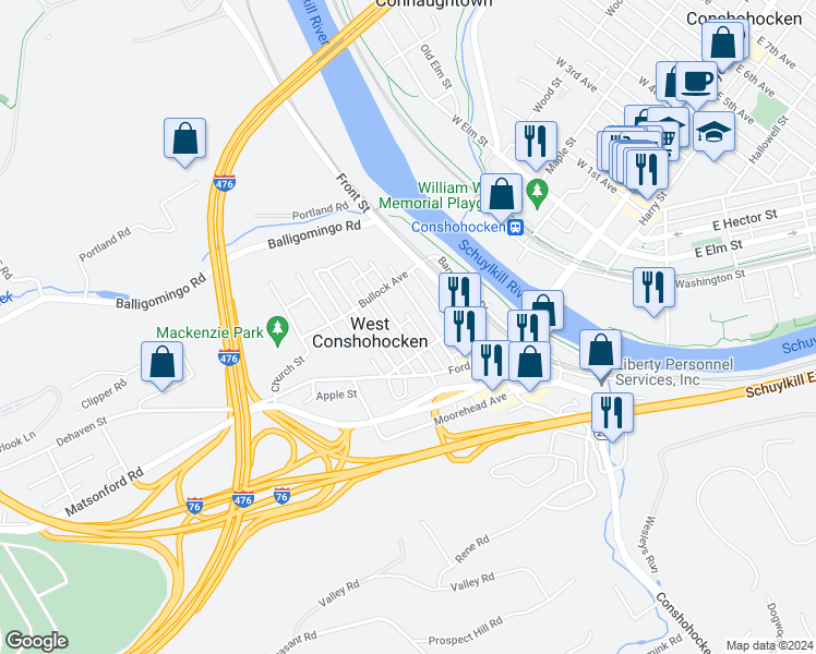 map of restaurants, bars, coffee shops, grocery stores, and more near 120 Cedar Avenue in Conshohocken