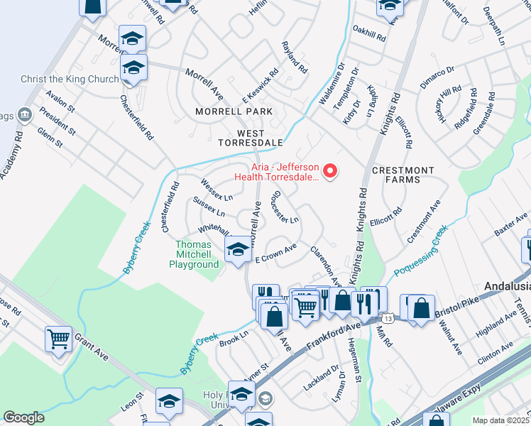 map of restaurants, bars, coffee shops, grocery stores, and more near 3609 Morrell Circle in Philadelphia
