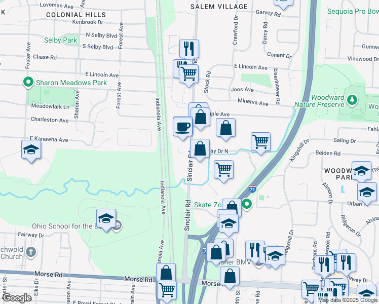 map of restaurants, bars, coffee shops, grocery stores, and more near 5080 Sinclair Road in Columbus