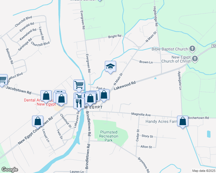 map of restaurants, bars, coffee shops, grocery stores, and more near 33 North Main Street in Plumsted