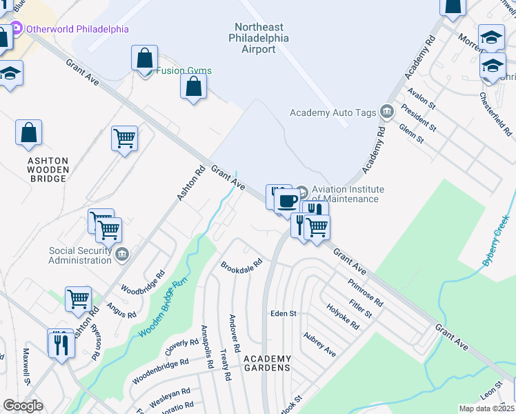 map of restaurants, bars, coffee shops, grocery stores, and more near 3205 Primrose Road in Philadelphia