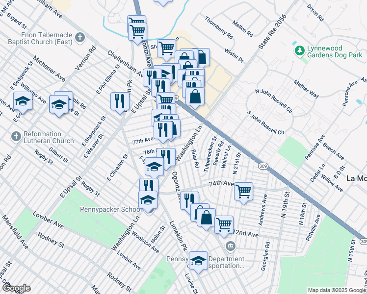 map of restaurants, bars, coffee shops, grocery stores, and more near 2115 Washington Lane in Philadelphia