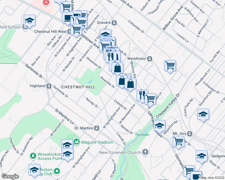 map of restaurants, bars, coffee shops, grocery stores, and more near 59 West Willow Grove Avenue in Philadelphia