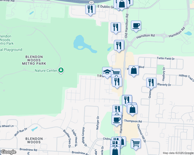 map of restaurants, bars, coffee shops, grocery stores, and more near 4117 Meadowleigh Way in Columbus