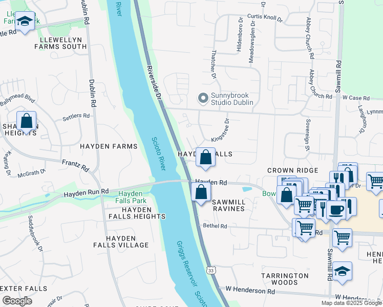 map of restaurants, bars, coffee shops, grocery stores, and more near 5629 Scioto Crest Drive in Dublin