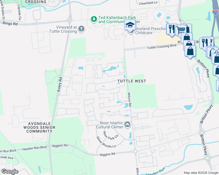 map of restaurants, bars, coffee shops, grocery stores, and more near 4969 Stratford Pine Lane in Dublin