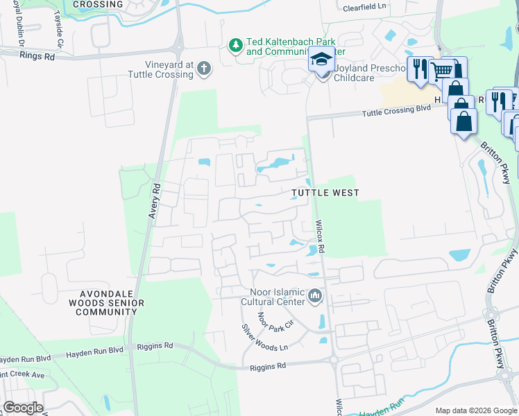 map of restaurants, bars, coffee shops, grocery stores, and more near 4969 Stratford Pine Lane in Dublin