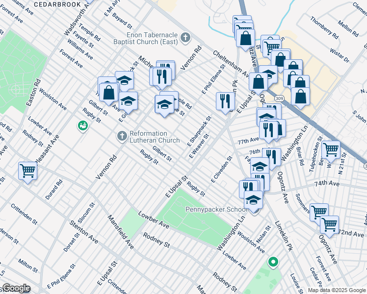 map of restaurants, bars, coffee shops, grocery stores, and more near 7804 Forrest Avenue in Philadelphia