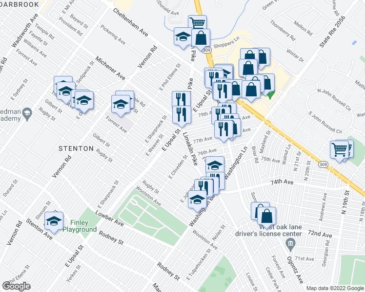 map of restaurants, bars, coffee shops, grocery stores, and more near 7624 Fayette Street in Philadelphia