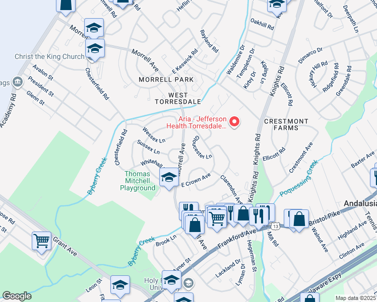 map of restaurants, bars, coffee shops, grocery stores, and more near 3609 Morrell Circle in Philadelphia