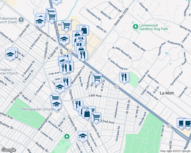 map of restaurants, bars, coffee shops, grocery stores, and more near 7543 Beverly Road in Philadelphia