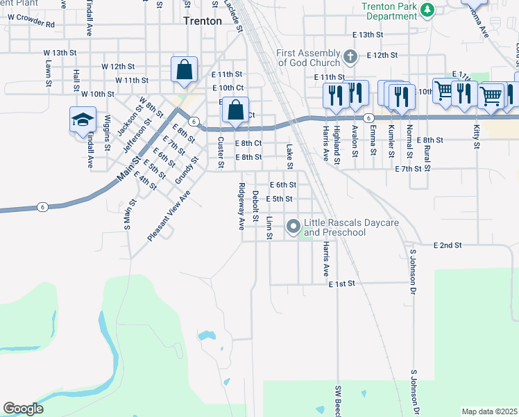map of restaurants, bars, coffee shops, grocery stores, and more near 301-399 Debolt St in Trenton