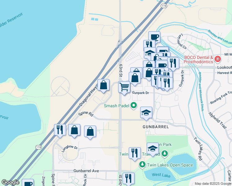 map of restaurants, bars, coffee shops, grocery stores, and more near 5111-5399 63rd Street in Boulder