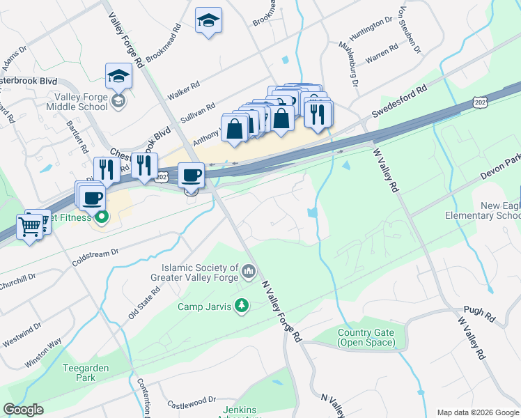 map of restaurants, bars, coffee shops, grocery stores, and more near 253 Old Forge Crossing in Devon