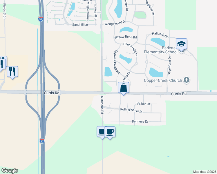 map of restaurants, bars, coffee shops, grocery stores, and more near 2811 County Road 1300 North in Champaign