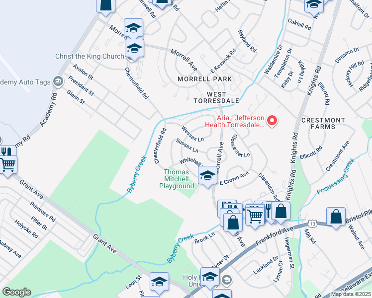 map of restaurants, bars, coffee shops, grocery stores, and more near 3549 Sussex Lane in Philadelphia