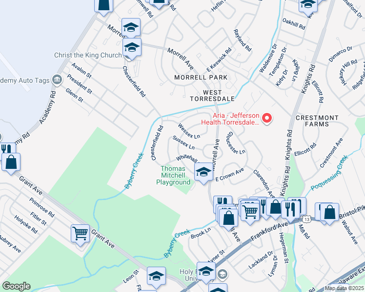 map of restaurants, bars, coffee shops, grocery stores, and more near 3549 Sussex Lane in Philadelphia