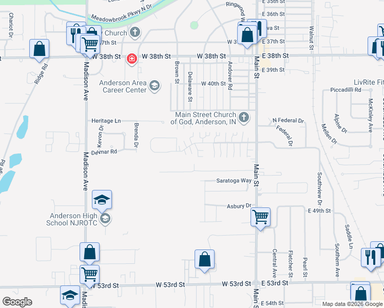 map of restaurants, bars, coffee shops, grocery stores, and more near Harvard Drive in Anderson