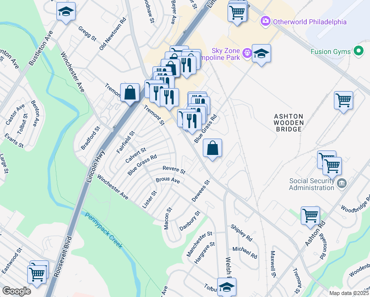 map of restaurants, bars, coffee shops, grocery stores, and more near 2628 Welsh Road in Philadelphia