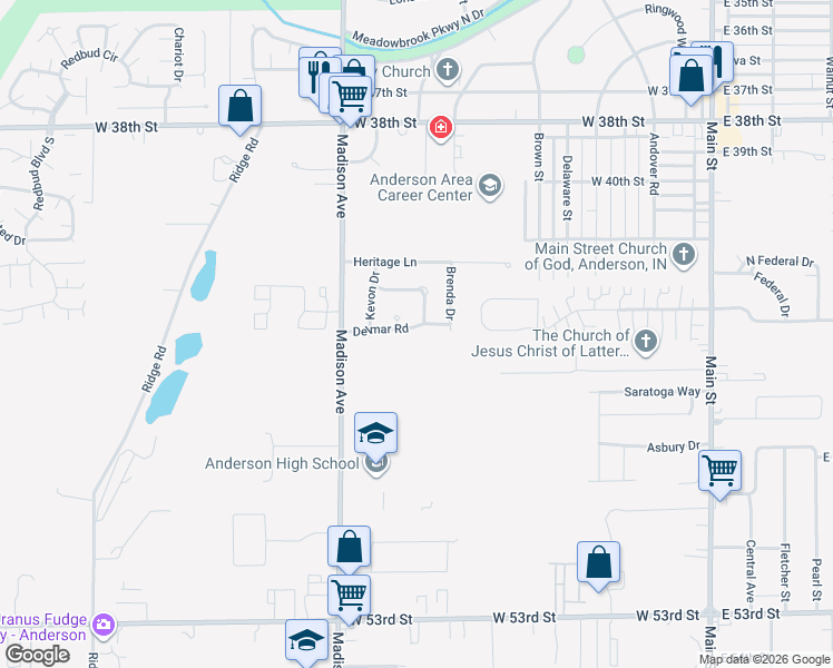 map of restaurants, bars, coffee shops, grocery stores, and more near 4518 Madison Avenue in Anderson