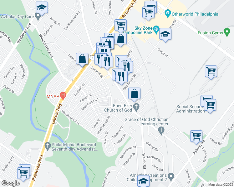 map of restaurants, bars, coffee shops, grocery stores, and more near 2628 Welsh Road in Philadelphia