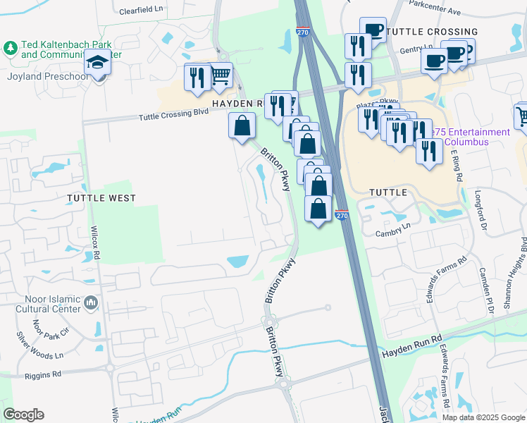 map of restaurants, bars, coffee shops, grocery stores, and more near 4620 Tuttle's View Drive in Dublin