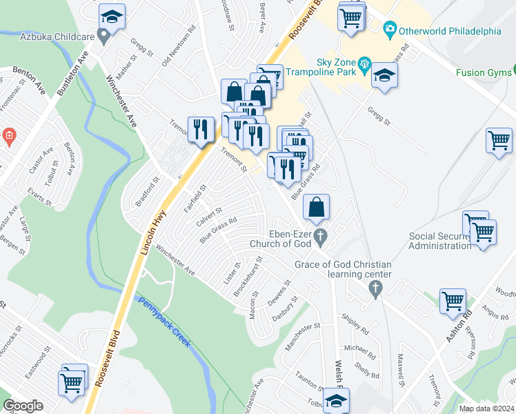 map of restaurants, bars, coffee shops, grocery stores, and more near 2654 Tremont Street in Philadelphia