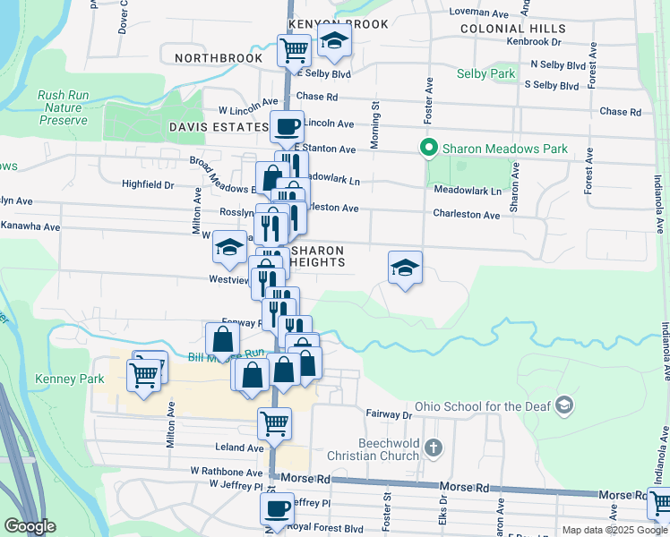 map of restaurants, bars, coffee shops, grocery stores, and more near 87 Sunnyside Lane in Columbus