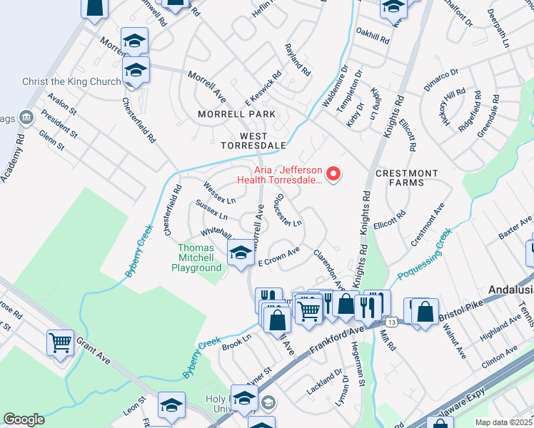 map of restaurants, bars, coffee shops, grocery stores, and more near 3605 Morrell Circle in Philadelphia