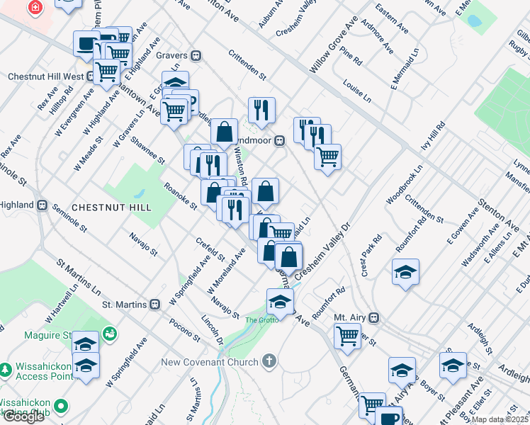 map of restaurants, bars, coffee shops, grocery stores, and more near 7821 Winston Road in Philadelphia