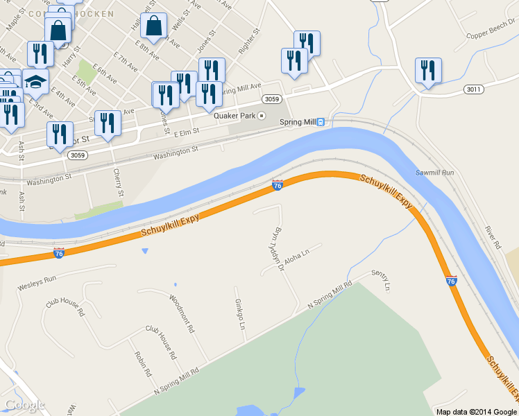 map of restaurants, bars, coffee shops, grocery stores, and more near 1246 Bryn Tyddyn Dr in Gladwyne