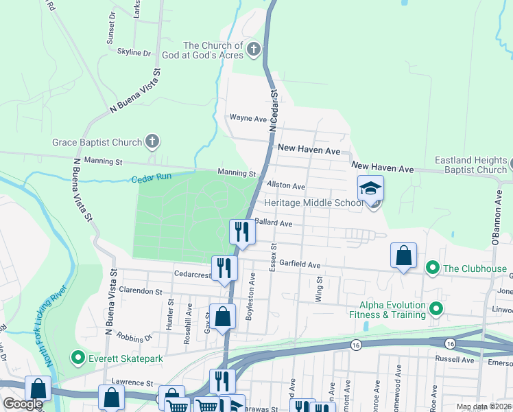 map of restaurants, bars, coffee shops, grocery stores, and more near 368 North Cedar Street in Newark