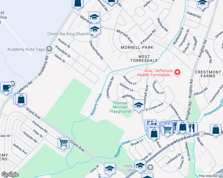 map of restaurants, bars, coffee shops, grocery stores, and more near 3635 Chesterfield Road in Philadelphia