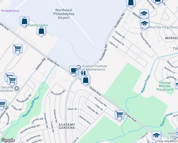 map of restaurants, bars, coffee shops, grocery stores, and more near 3331 Grant Avenue in Philadelphia