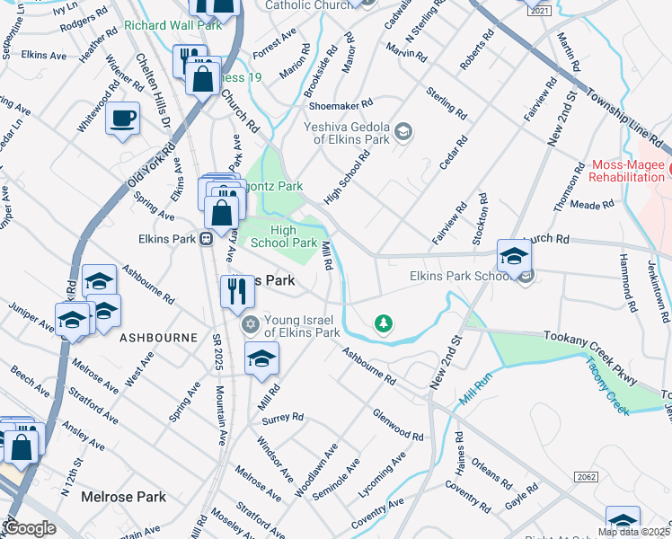map of restaurants, bars, coffee shops, grocery stores, and more near 7831 Mill Road in Elkins Park