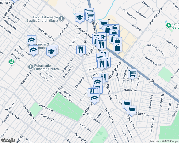 map of restaurants, bars, coffee shops, grocery stores, and more near 7598 Limekiln Pike in Philadelphia
